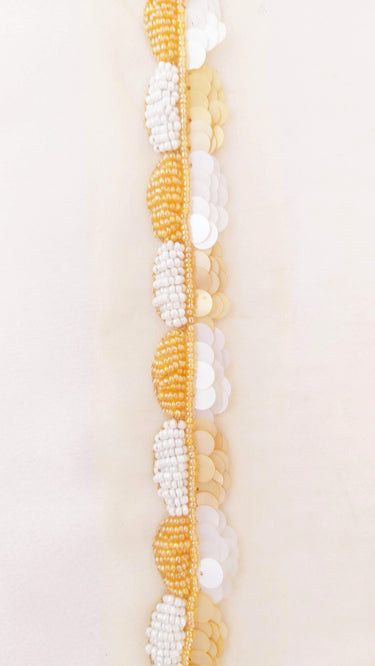 Beige Net Lace With Off White And Beige Sequins and Beads, Scallop Trim, Exclusive Laces
